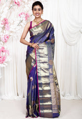 Blue Gadwal Pure Silk Saree With Blouse Piece