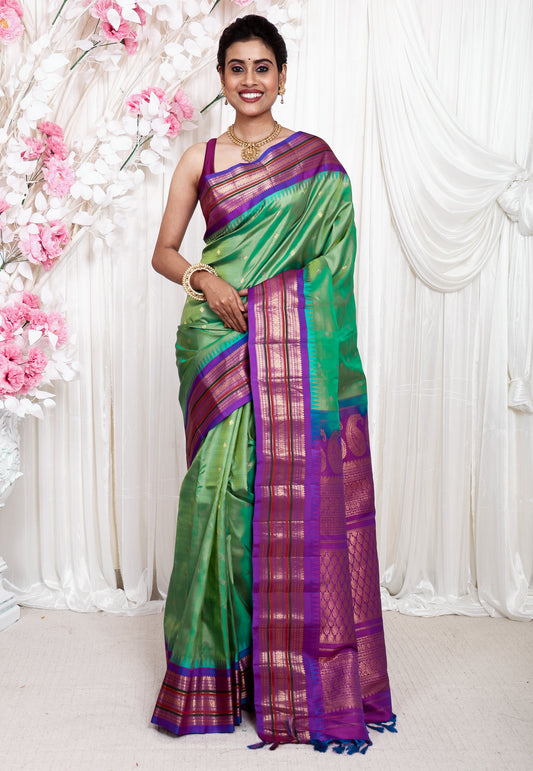 Cross Green with Purple Border Gadwal Pure Silk Saree With Blouse Piece