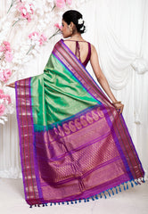 Cross Green with Purple Border Gadwal Pure Silk Saree With Blouse Piece