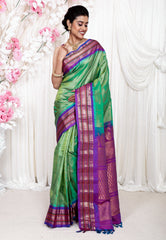 Cross Green with Purple Border Gadwal Pure Silk Saree With Blouse Piece