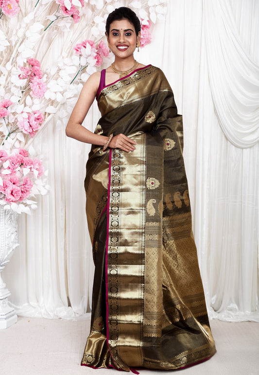 Black Tissue Gadwal Pure Silk Saree With Blouse Piece