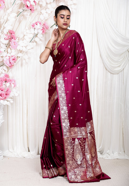 Magenta Wedding Banarasi Silk Saree with Blouse Piece