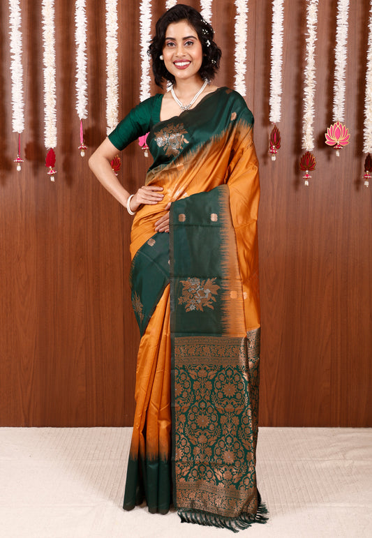 Mustard with Bottle Green Border Kanjivaram Silk Saree With Blouse Piece