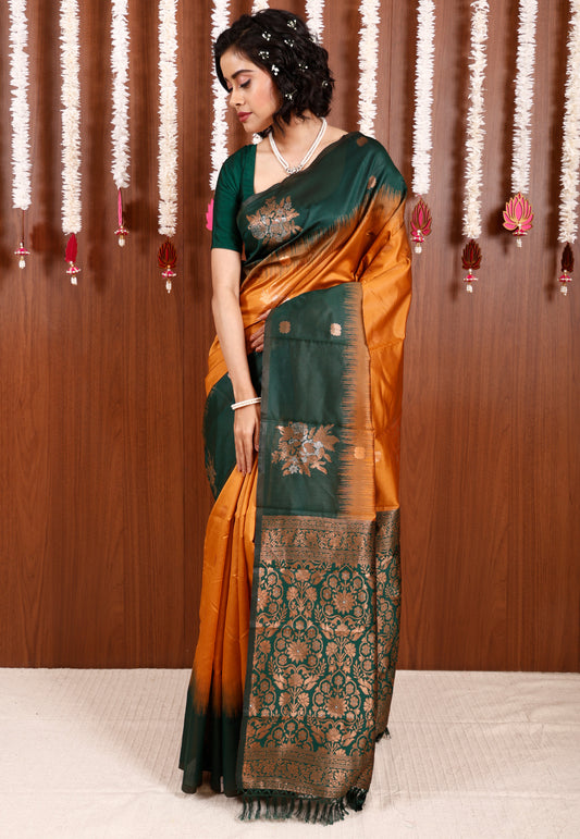 Mustard with Bottle Green Border Kanjivaram Silk Saree With Blouse Piece