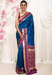 Cross Blue with Magenta Border Kanjivaram Silk Saree With Blouse Piece