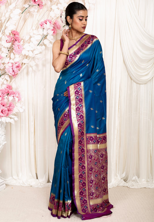 Cross Blue with Magenta Border Kanjivaram Silk Saree With Blouse Piece