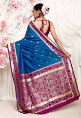 Cross Blue with Magenta Border Kanjivaram Silk Saree With Blouse Piece