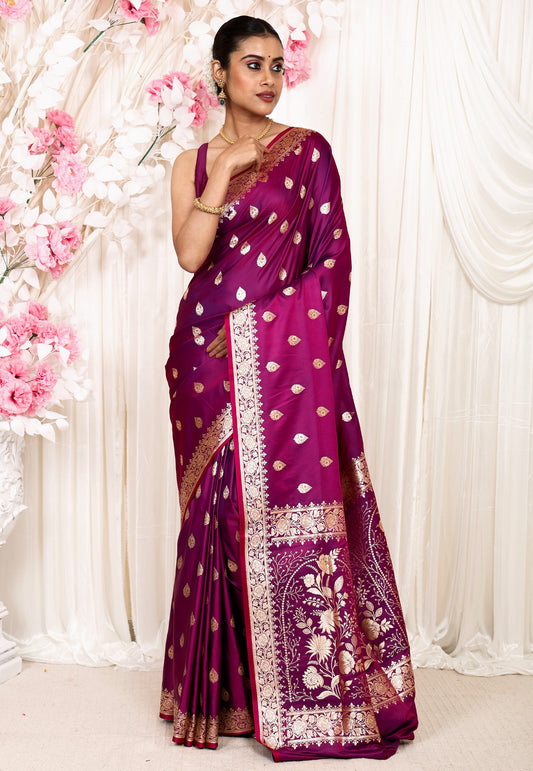 Magenta Wedding Banarasi Silk Saree with Blouse Piece