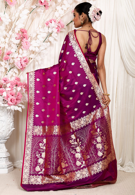 Magenta Wedding Banarasi Silk Saree with Blouse Piece