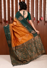 Mustard with Bottle Green Border Kanjivaram Silk Saree With Blouse Piece