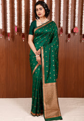 Bottle Green Kanjivaram Silk Saree With Blouse Piece