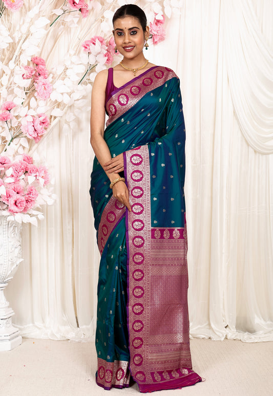 Cross Blue with Magenta Border Kanjivaram Silk Saree With Blouse Piece