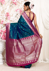 Cross Blue with Magenta Border Kanjivaram Silk Saree With Blouse Piece