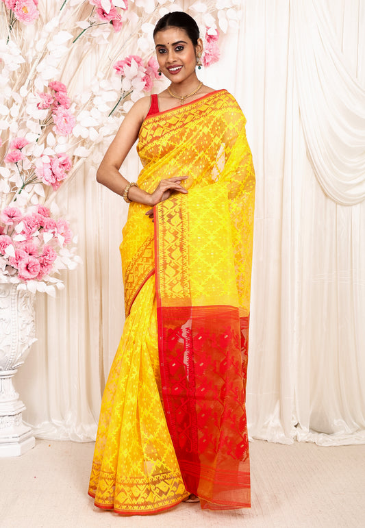 Yellow Dhakai Jamdani Cotton Saree without Blouse Piece