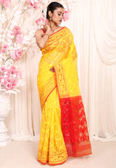 Yellow Dhakai Jamdani Cotton Saree without Blouse Piece