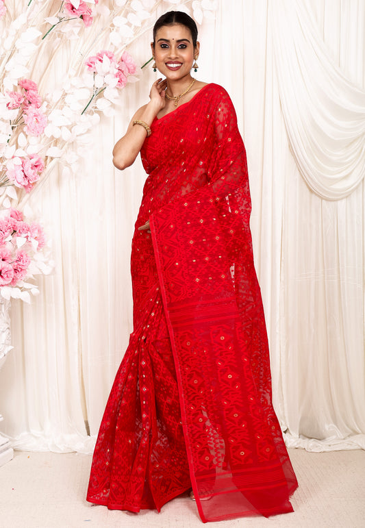 Red Dhakai Jamdani Cotton Saree without Blouse Piece