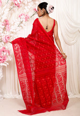 Red Dhakai Jamdani Cotton Saree without Blouse Piece