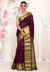 Magenta with Olive Green Border Gadwal Pure Silk Saree With Blouse Piece