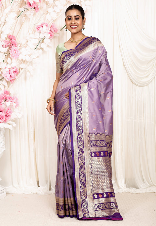 Mauve with Purple Border Kanjivaram Silk Saree With Blouse Piece