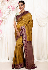 Mustard with Magenta Border Kanjivaram Silk Saree With Blouse Piece