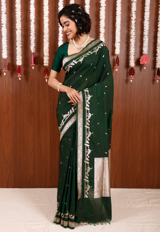 Bottle Green Katan Silk Saree With Blouse Piece