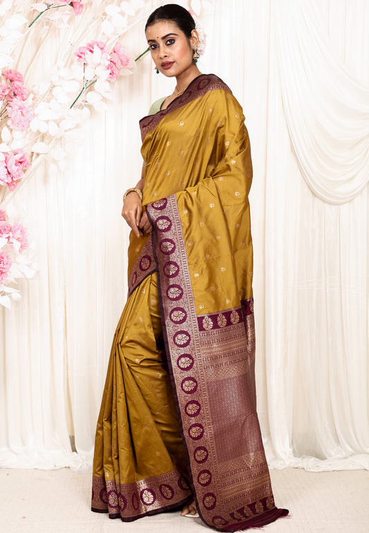 Mustard with Magenta Border Kanjivaram Silk Saree With Blouse Piece