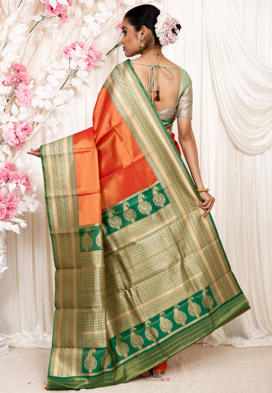 Orange with Green Border Tissue Kanjivaram Silk Saree With Blouse Piece