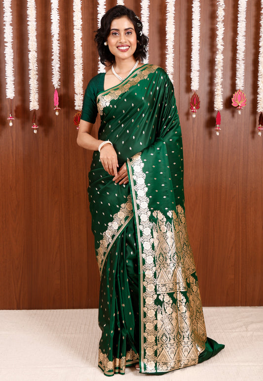 Bottle Green Wedding Banarasi Silk Saree with Blouse Piece