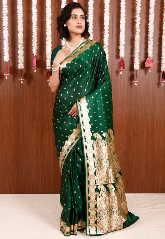 Bottle Green Wedding Banarasi Silk Saree with Blouse Piece