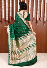 Bottle Green Wedding Banarasi Silk Saree with Blouse Piece