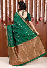 Bottle Green Kanjivaram Silk Saree With Blouse Piece