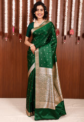 Bottle Green Wedding Banarasi Silk Saree with Blouse Piece