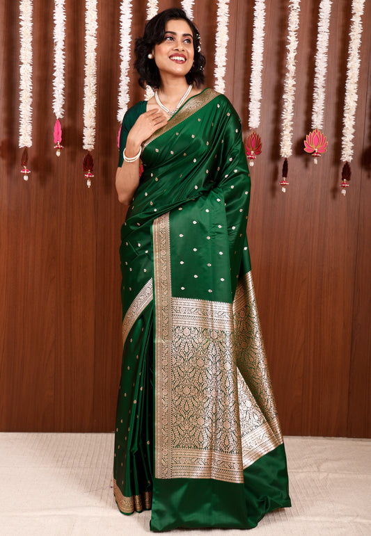 Bottle Green Wedding Banarasi Silk Saree with Blouse Piece