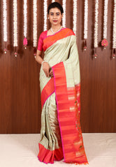 Tussar with Pink Border Gadwal Pure Silk Saree With Blouse Piece