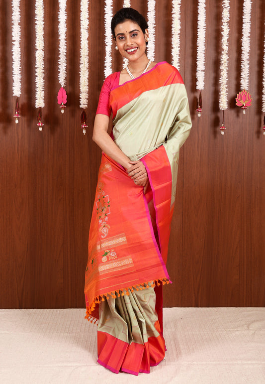 Tussar with Pink Border Gadwal Pure Silk Saree With Blouse Piece