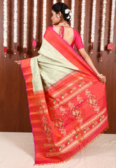 Tussar with Pink Border Gadwal Pure Silk Saree With Blouse Piece