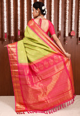 Parrot Green with Rani Pink Border Gadwal Pure Silk Saree With Blouse Piece