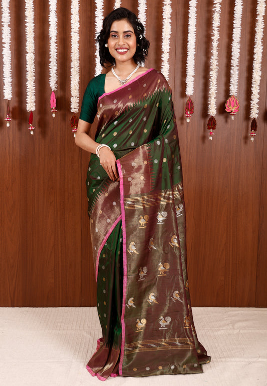 Bottle Green Gadwal Pure Silk Saree With Blouse Piece