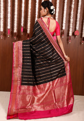 Black with Magenta Border Katan Pure Silk Saree With Blouse Piece