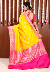 Yellow with Rani Pink Border Katan Pure Silk Saree With Blouse Piece