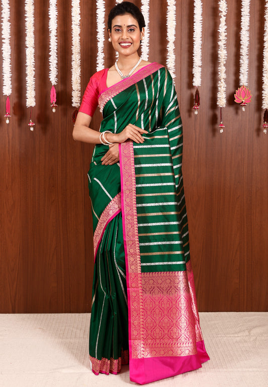 Bottle Green with Rani Pink Border Katan Pure Silk Saree With Blouse Piece