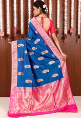 Feroza Blue with Rani Pink Border Katan Pure Silk Saree With Blouse Piece