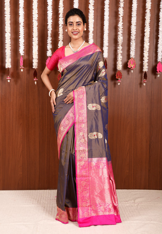 Dual shades of Blue and Brown with Rani Pink Border Katan Pure Silk Saree With Blouse Piece