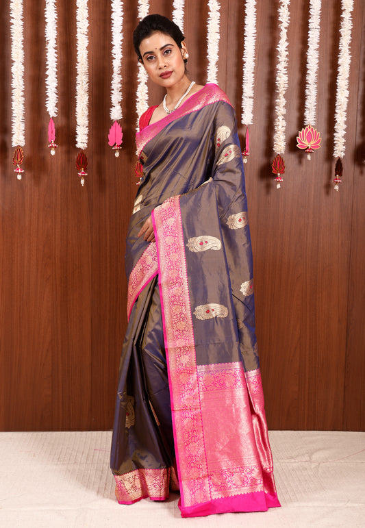 Dual shades of Blue and Brown with Rani Pink Border Katan Pure Silk Saree With Blouse Piece