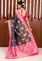 Dual shades of Blue and Brown with Rani Pink Border Katan Pure Silk Saree With Blouse Piece