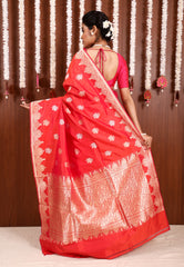 Dual shades of Orange and Red Katan Pure Silk Saree With Blouse Piece