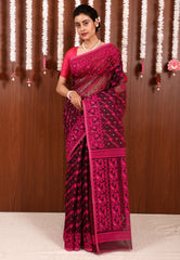 Magenta Dhakai Jamdani Cotton Saree without Blouse Piece