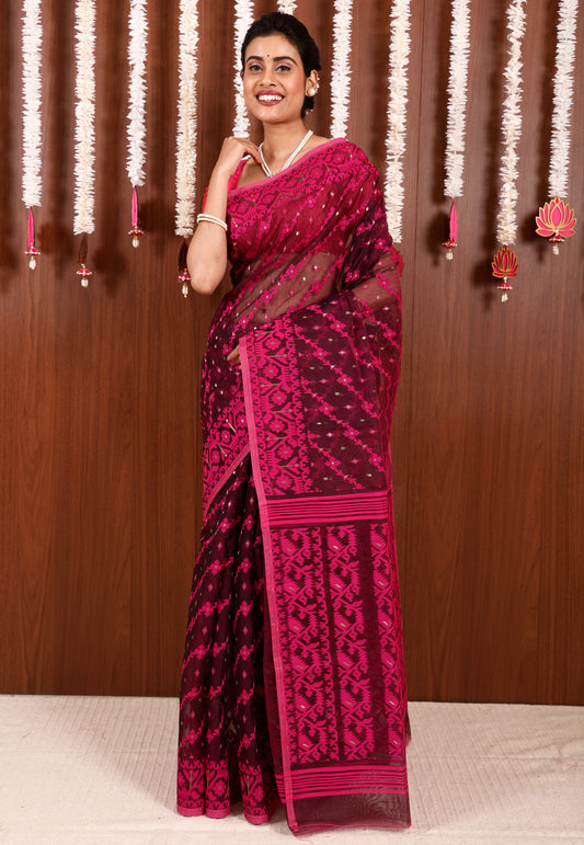 Magenta Dhakai Jamdani Cotton Saree without Blouse Piece