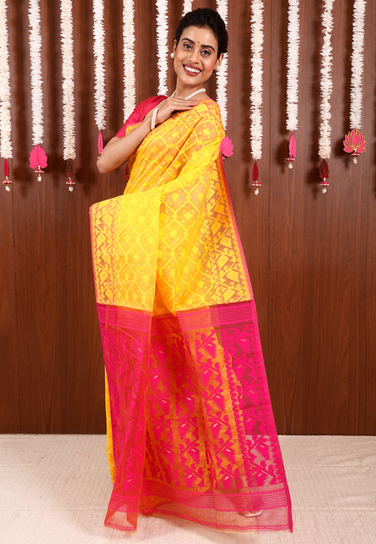 Yellow Dhakai Jamdani Cotton Saree without Blouse Piece