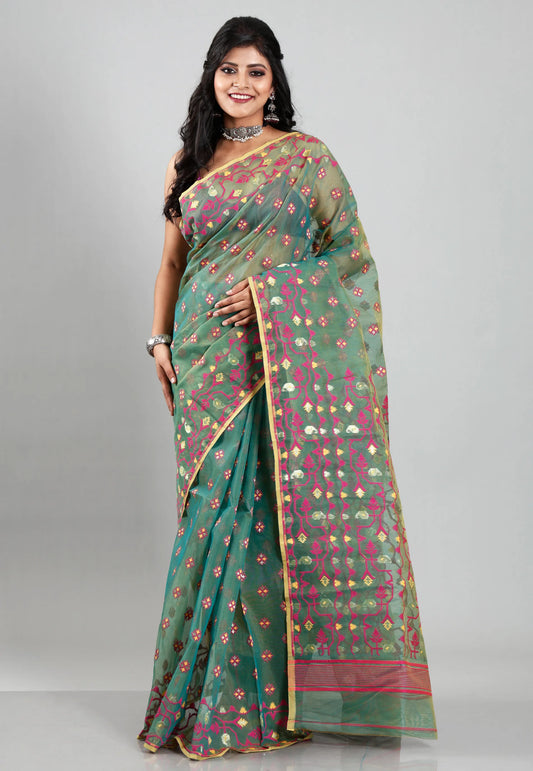Cross Green Dhakai Jamdani Cotton Saree without Blouse Piece